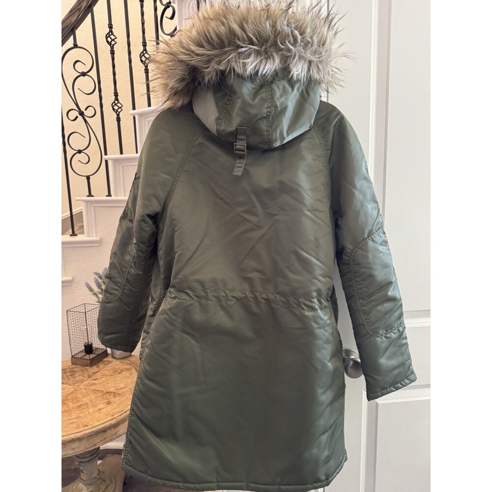 Women’s Small American Eagle Olive Green Winter Coat Parka Long Jacket Fur Hood - Picture 2 of 7